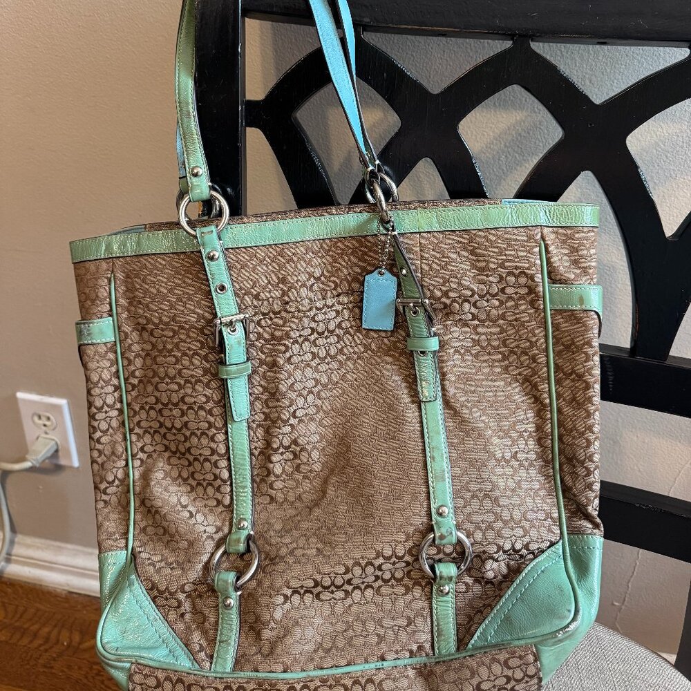 Coach Y2K Signature Canvas Tote – Brown Monogram + Mint Green Leather